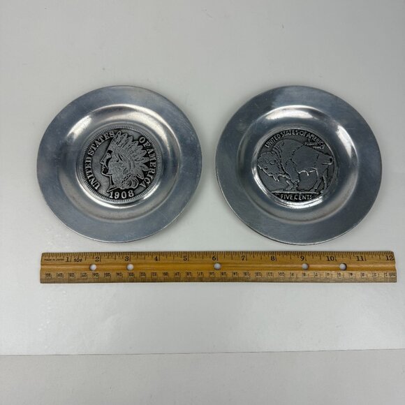 2 Vtg Pewter Pewtarex Indian Head Penny Buffalo Nickel Collectible Plates 5.75in - Picture 4 of 12